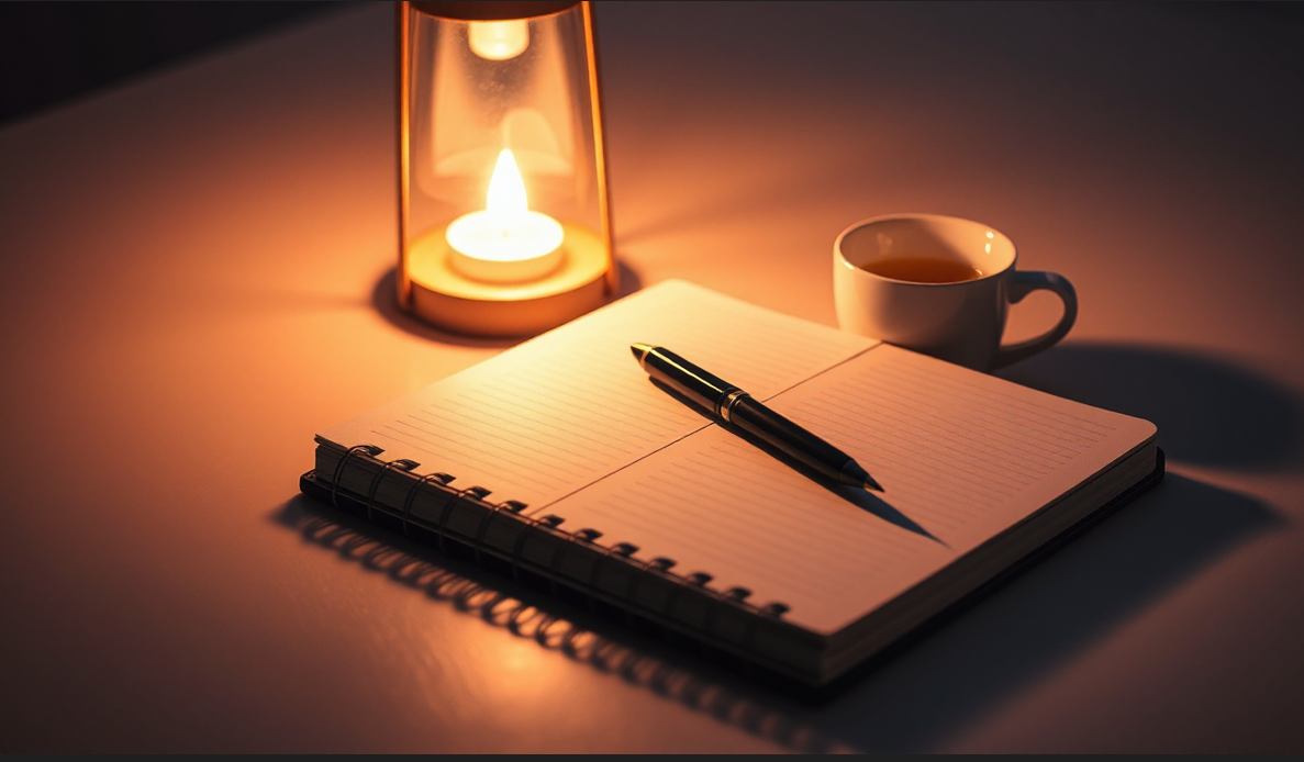 창가에서 노트에 글 쓰는 장면, 마음 챙김 저널링