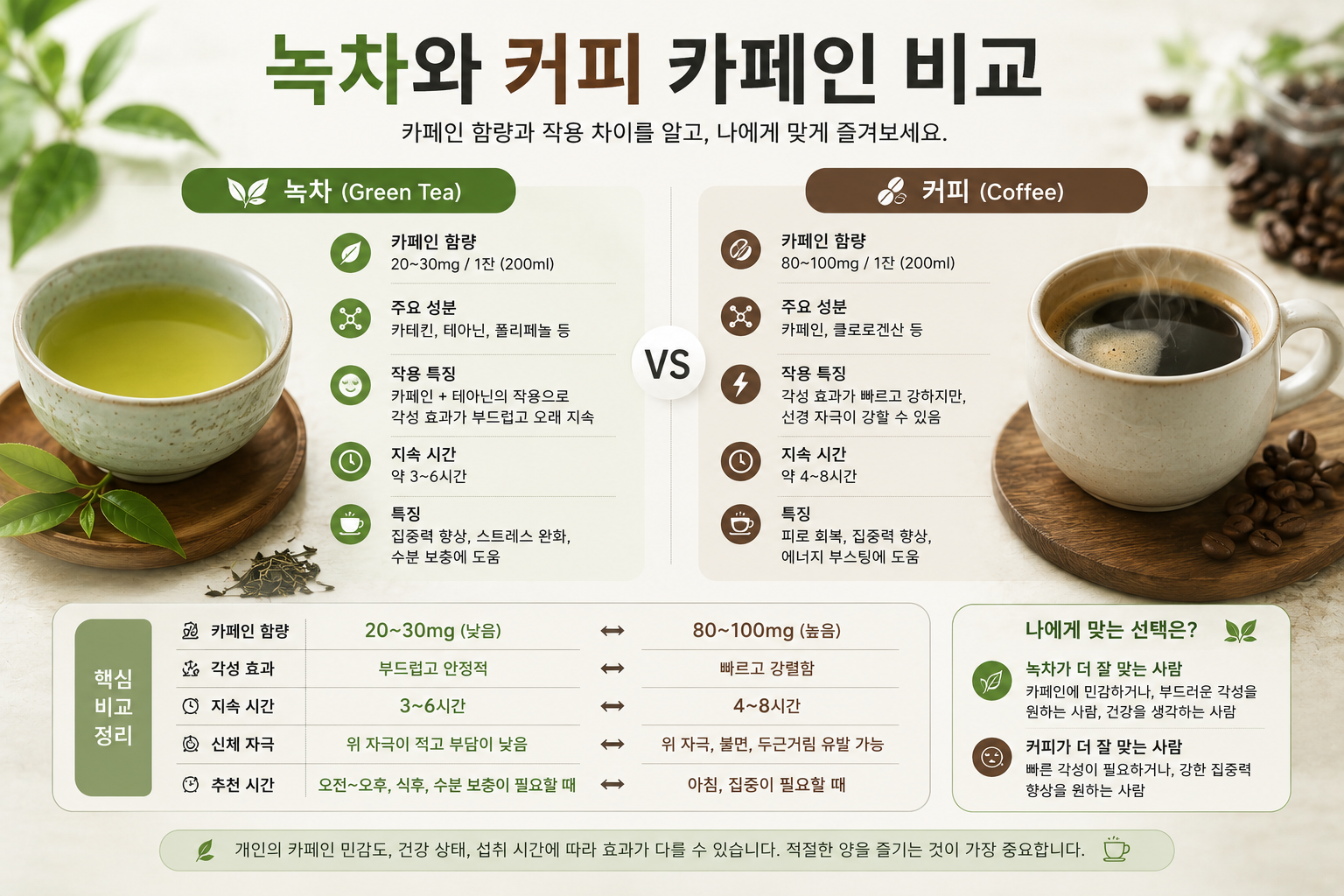 녹차와 커피의 카페인 섭취를 비교하는 이미지