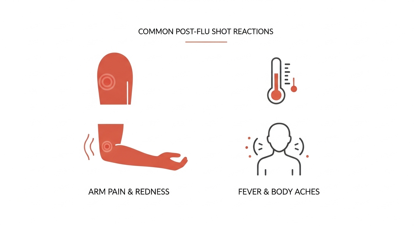 독감 예방접종 후 주사 부위 통증, 부기, 미열, 근육통 등 흔하게 나타나는 국소 및 전신 이상 반응을 시각적으로 표현한 인포그래픽.