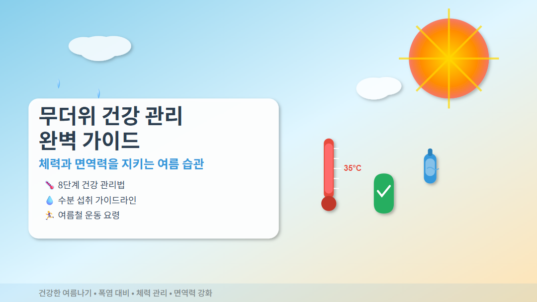 무더위 건강 관리 가이드 썸네일 이미지. 태양과 온도계, 물방울이 그려진 여름철 폭염 대비 건강 관리법 안내 포스터. 체력과 면역력을 지키는 8단계 방법과 수분 섭취 가이드라인 포함.