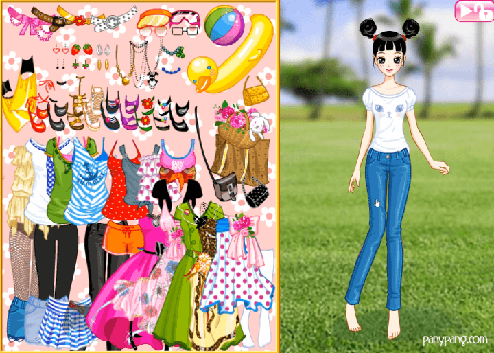 날씬한-파니팡-옷입히기-플래시게임-플레이-하의에-청바지를-착용하여-캐주얼-룩을-완성시킨-화면