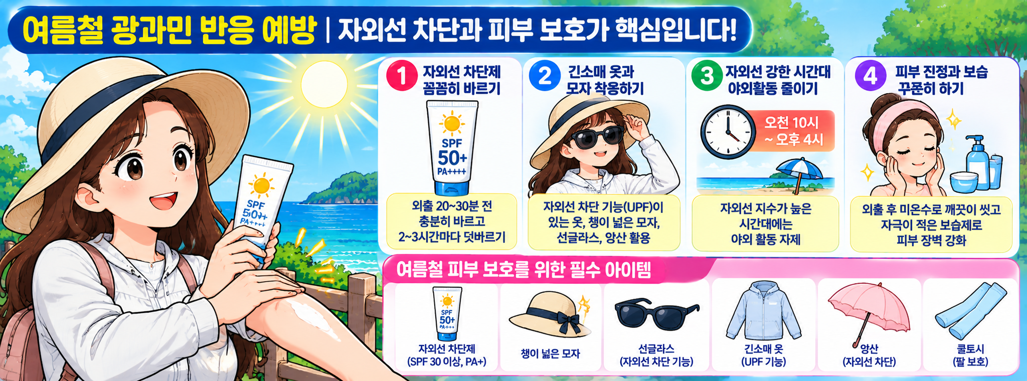 여름철 광과민 반응 예방을 위한 자외선 차단제 사용과 피부 보호 조치