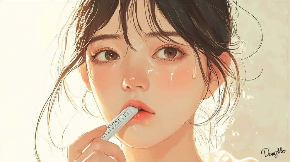 임신-극초기-증상으로-인해-기초-체온이-높아져-열을-재고-있는-여성의-모습