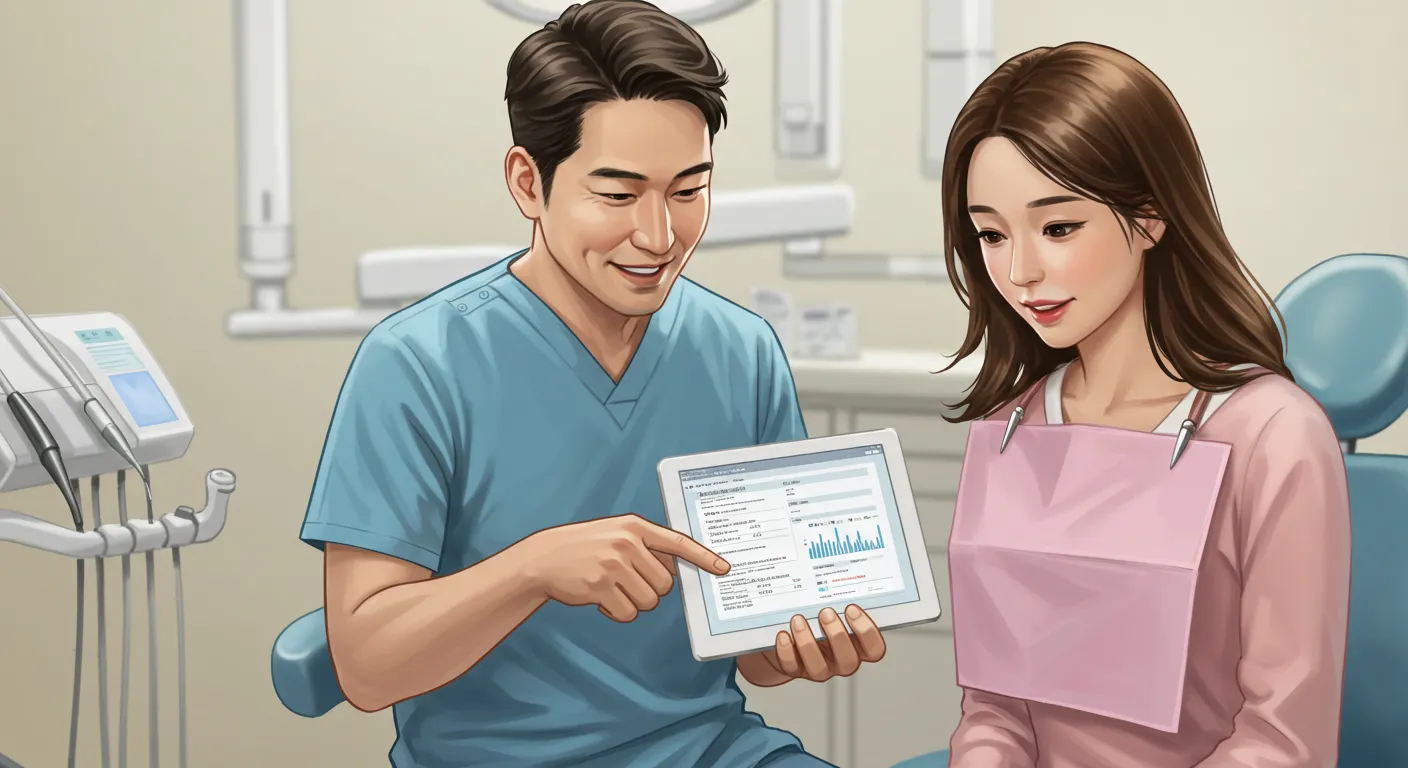 &quot;치과 의사가 환자에게 진료비 세부내역서를 보여주며 급여와 비급여 항목에 대해 설명하는 모습&quot;