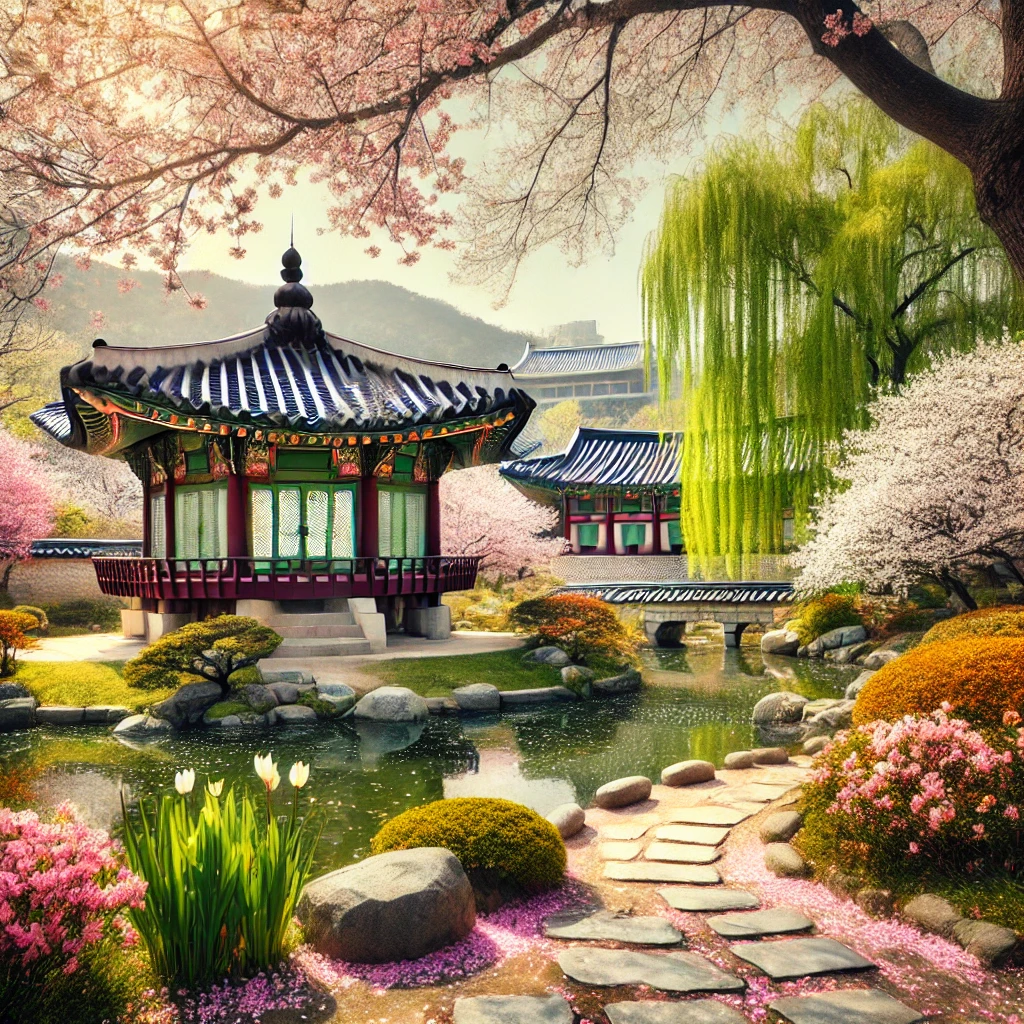 "창덕궁 후원의 봄 풍경, 만개한 벚꽃과 전통 정자, 연못이 어우러진 고요한 정원"