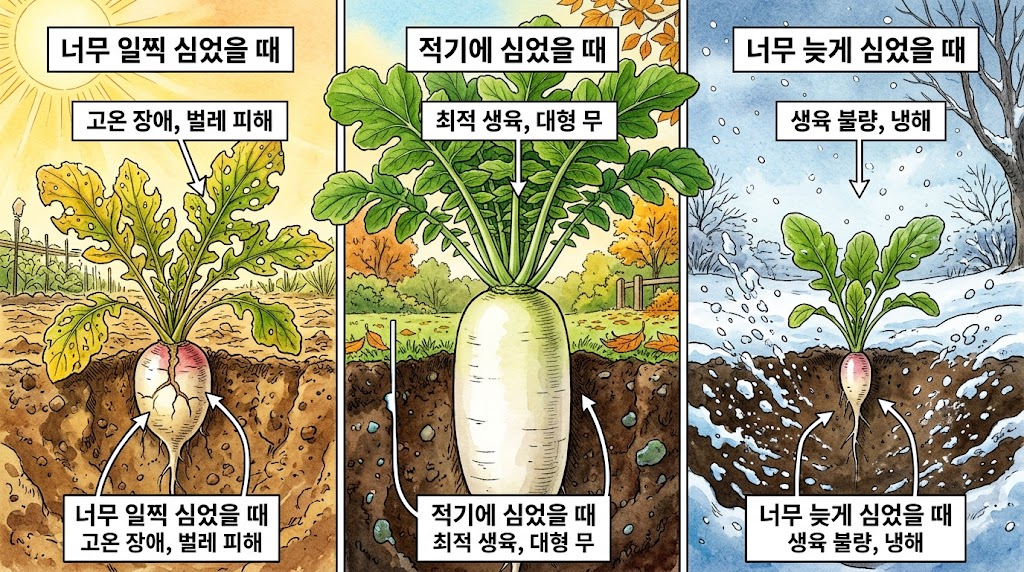 너무 일찍 심었을 때, 적기에 심었을 때, 너무 늦게 심었을 때 무의 자람새 차이를 보여주는 비교 도해
