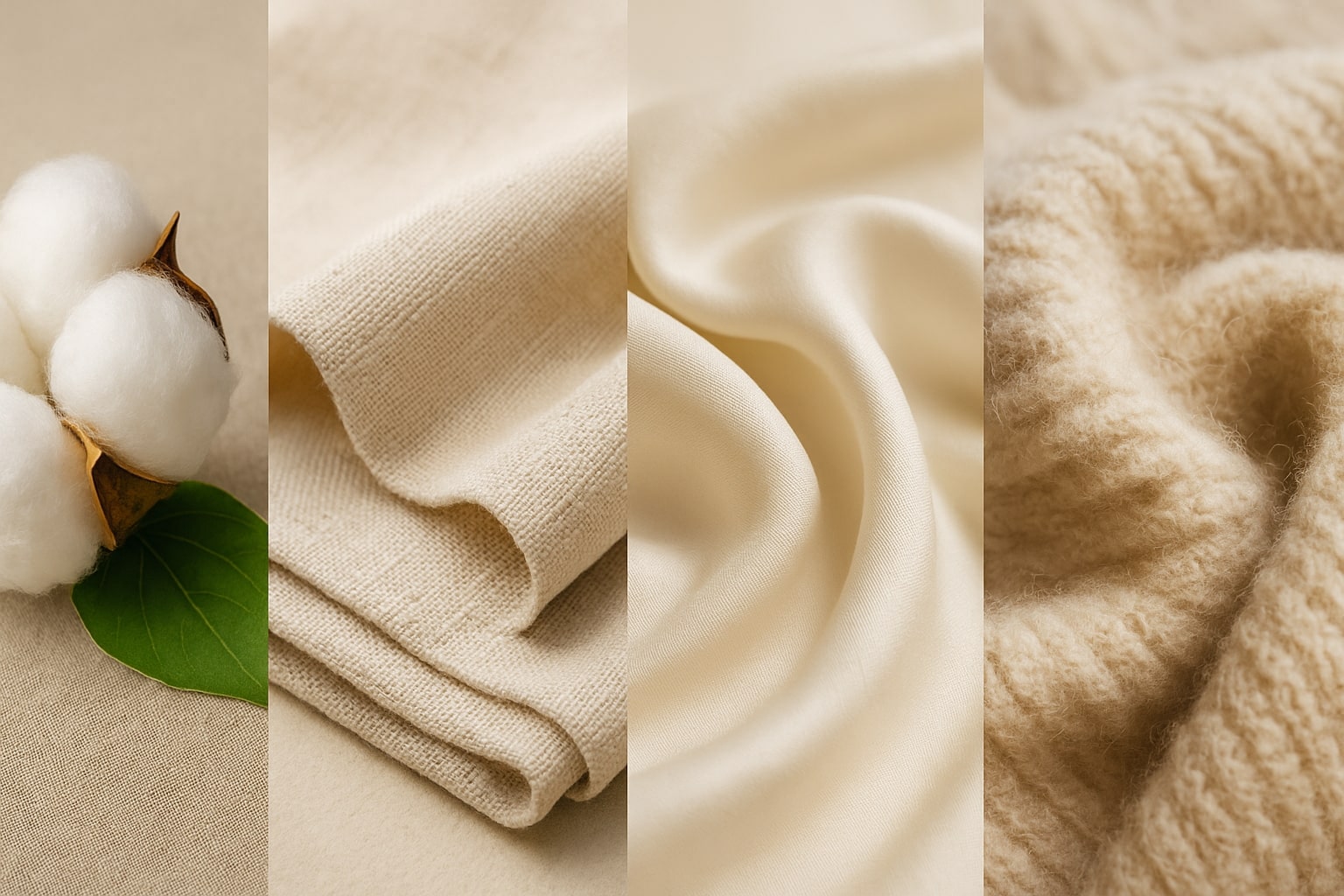 면, 마, 실크, 울의 질감과 특성을 보여주는 섬유 클로즈업