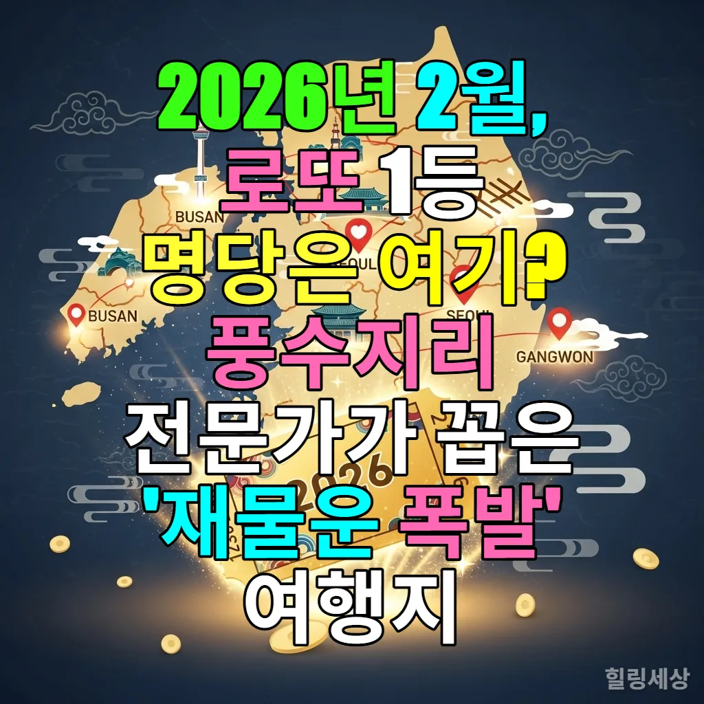 2026년 재물운과 로또 명당을 상징하는 한국 지도와 황금빛 복권 일러스트