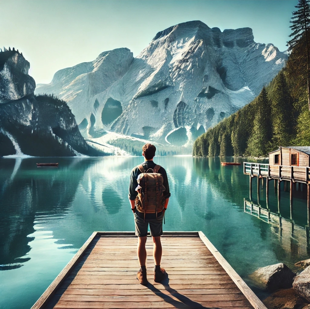 배낭을 멘 여행자가 나무 데크 위에서 아름다운 산속 호수를 바라보는 모습, 맑고 잔잔한 물이 주변의 웅장한 산을 반사하며 평온한 분위기를 연출하고 있으며, 여행자의 모습은 자연 속에서의 모험과 휴식을 동시에 느끼게 해줌