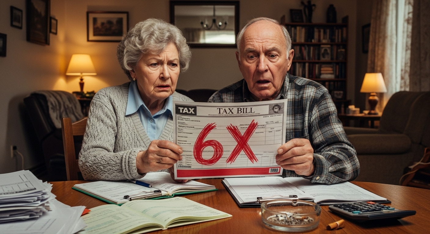 근심 가득한 표정의 60대 은퇴자 부부가 손에 세금 고지서를 들고 있는 모습. 세금 고지서에는 '6X'라는 숫자가 붉은색으로 강조되어 있음