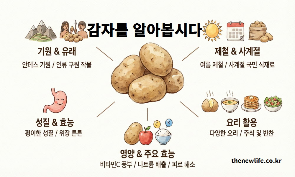 감자의 안데스 기원, 여름 제철 시기, 위장에 좋은 순한 성질, 다양한 요리법, 비타민C와 칼륨 효능 등 5가지 핵심 정보를 요약한 인포그래픽