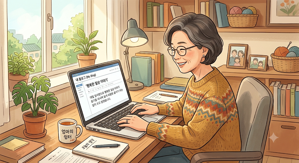 노트북으로 블로그 글쓰는 50대 여성 일러스트
