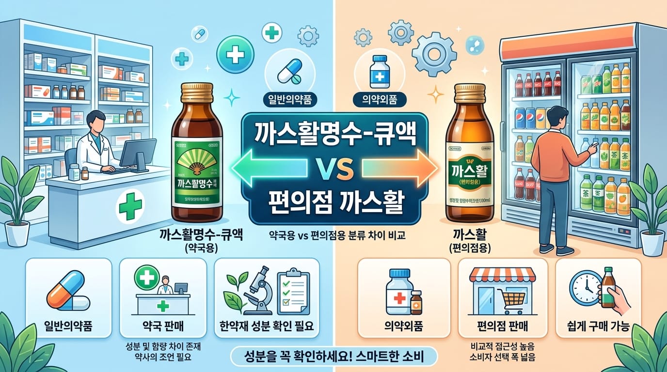 약국에서 파는 까스활명수큐액과 편의점용 까스활 제품의 분류와 판매 채널을 비교한 이미지