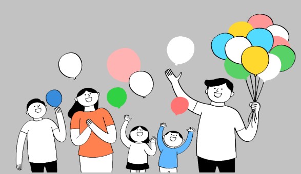 가족이 풍선을 들고 환하게 웃으며 행복한 모습을 나타내는 아동발달지원계좌 디딤씨앗통장 관련 이미지