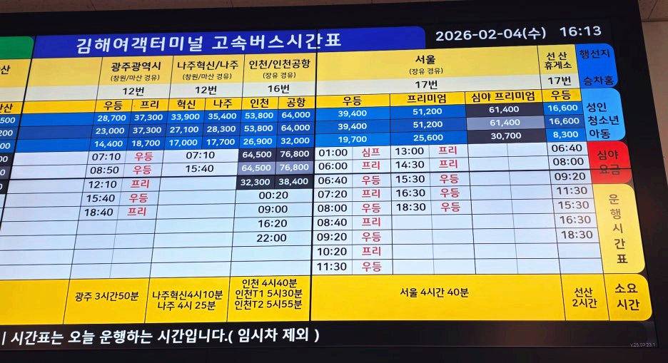 김해여객터미널 시간표 4 (12, 16, 17번 승차홈 노선)