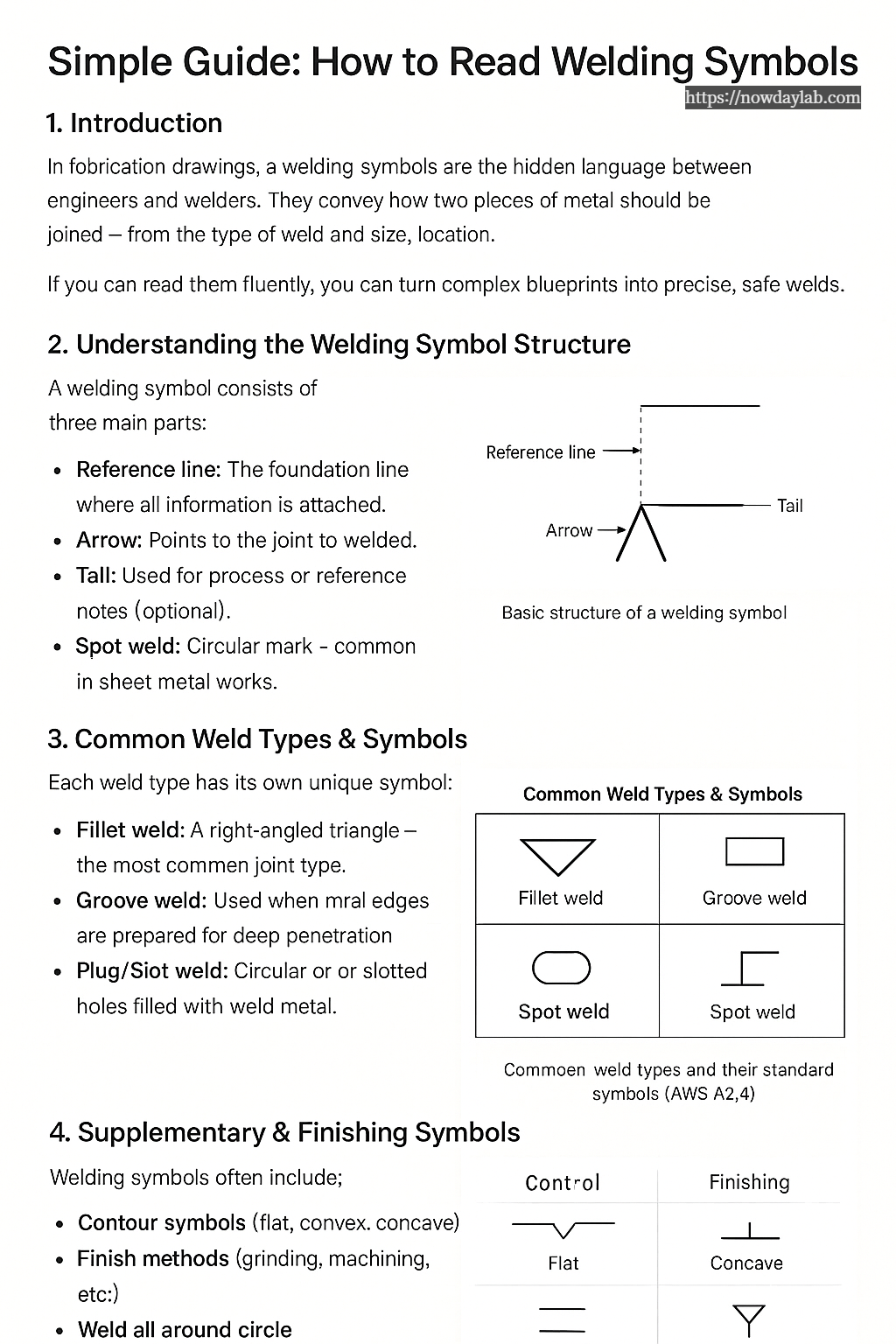 Diagram explaining reference line, arrow, and tail in a standard welding symbol.
Caption:
