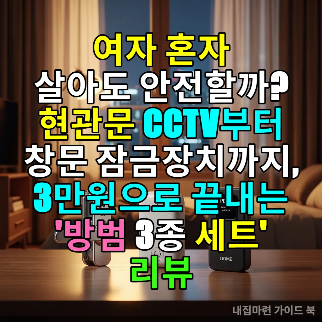 한국 자취방 테이블 위에 놓인 방범 3종 세트 (창문 잠금장치, 도어 경보기, 휴대용 안전고리)와 서울의 야경 배경