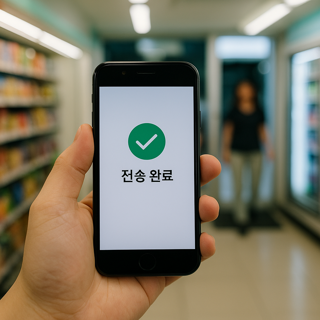 밝은 편의점 출입구에서 '전송 완료' 화면을 비추는 스마트폰