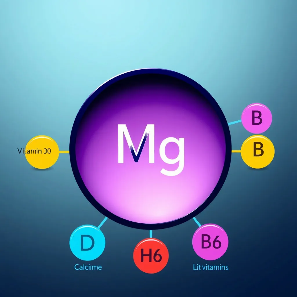 마그네슘(Mg) 원소 기호가 중앙에 있고, 그 주변에 비타민D, 칼슘, 비타민 B군(특히 B6)의 아이콘들이 마그네슘과 유기적으로 연결되어 시너지를 내는 듯한 모습입니다. 균형 잡힌 영양 섭취의 중요성을 시각적으로 나타냅니다.