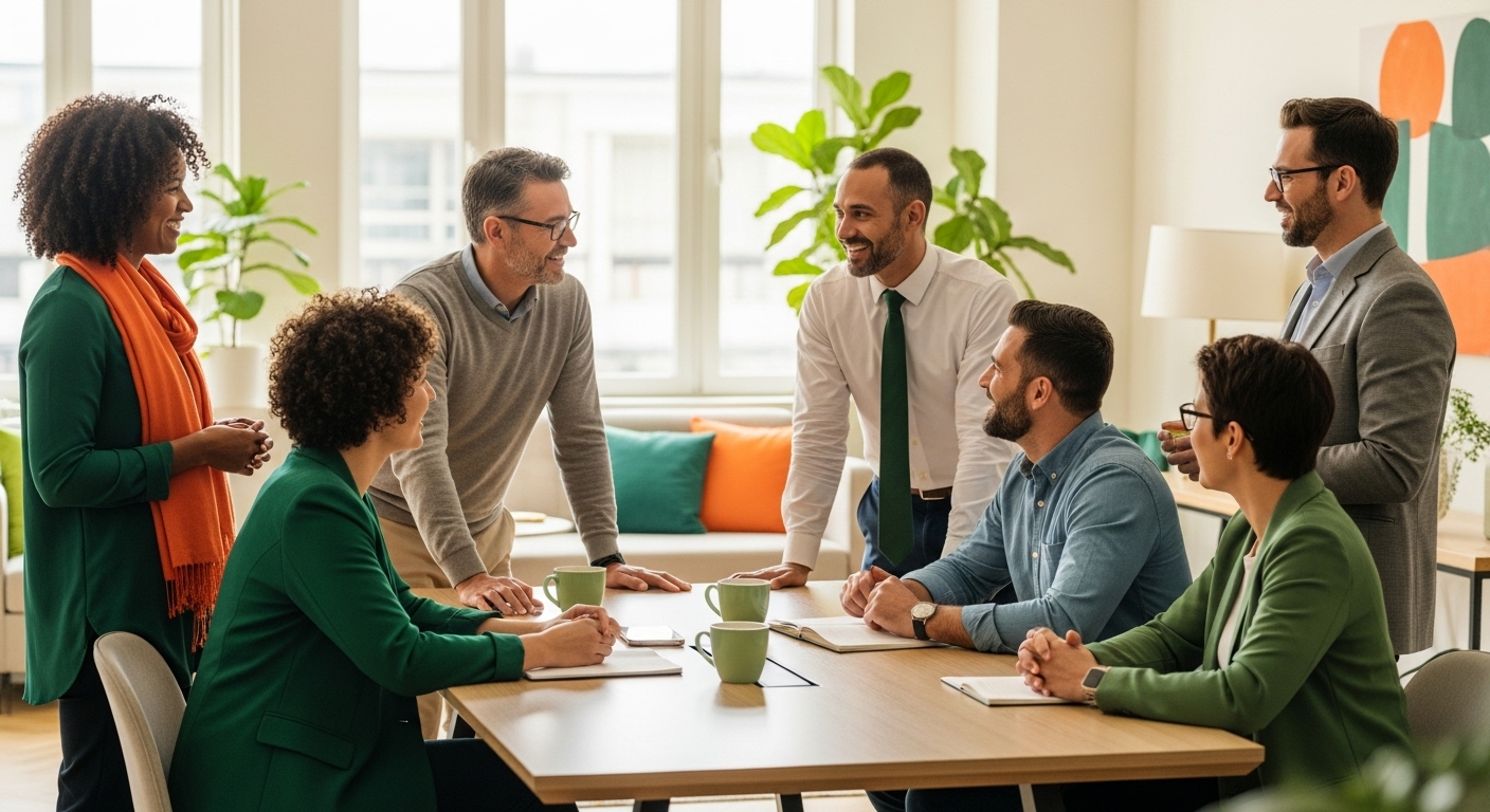 다양한 연령대의 전문직 종사자들이 밝은 공간에서 서로 교류하고 배우며 네트워킹하는 모습. 따뜻하고 친근한 분위기입니다.