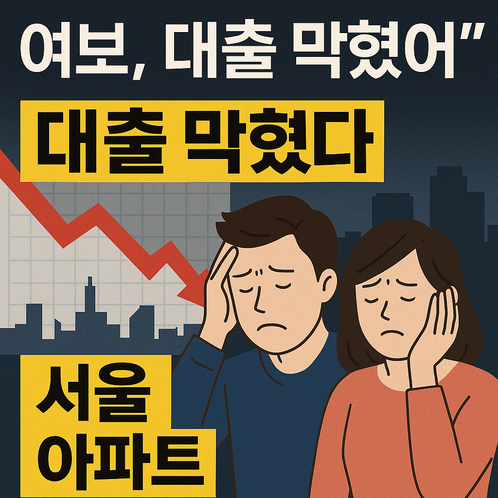 “서울 아파트 가격 규제와 대출 감소로 혼란스러운 부동산 시장을 상징하는 그래픽 이미지”