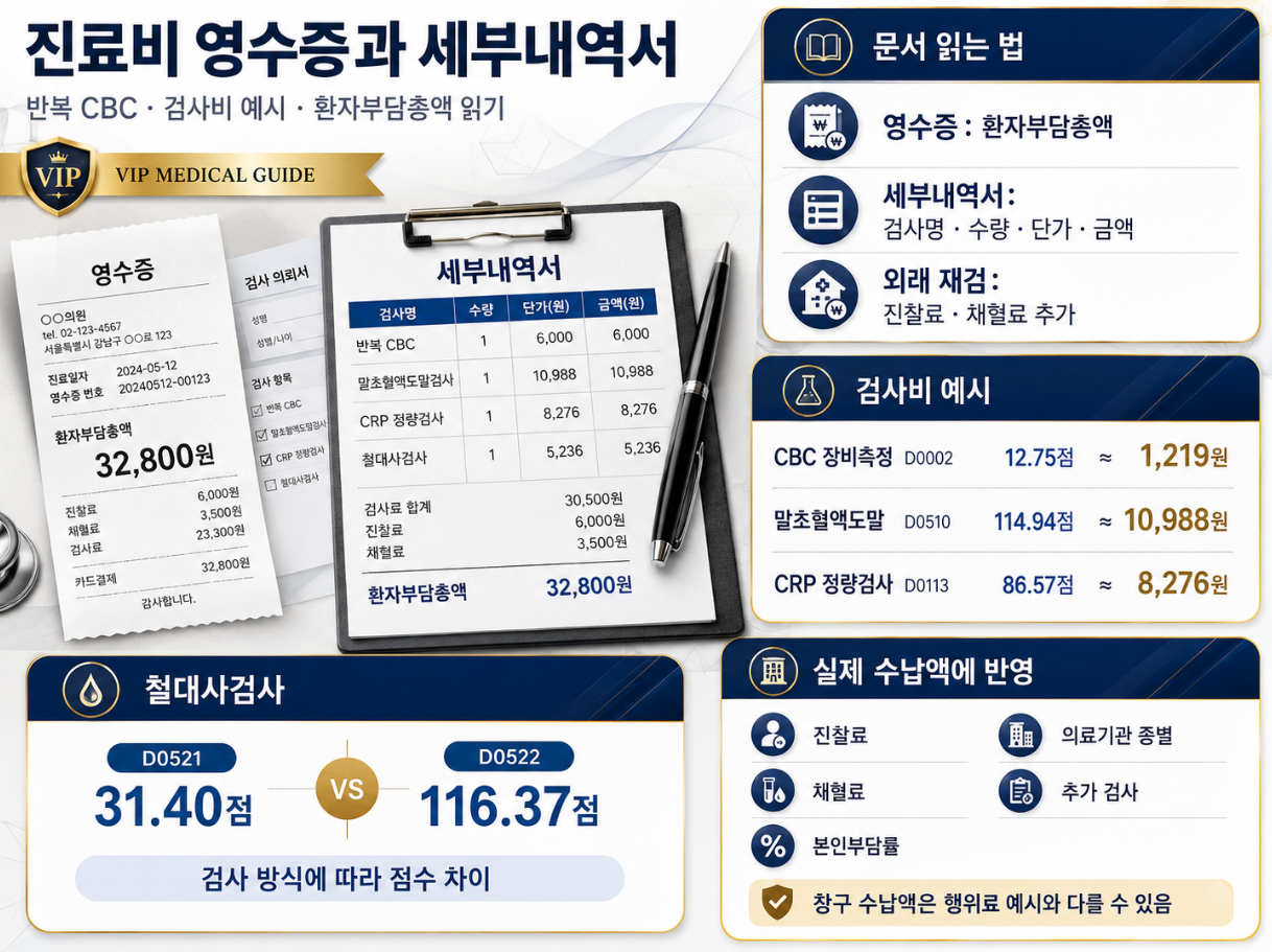 진료비 영수증과 세부내역서 인포그래픽으로 환자부담총액, 세부내역서 항목, 검사비 예시, 철대사검사 점수 차이를 정리한 이미지