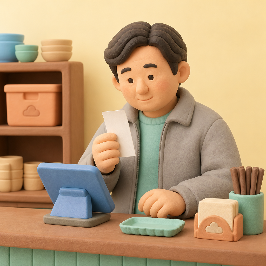 식당 계산대 앞에서 영수증을 들고 금액을 확인하는 40대 남성
