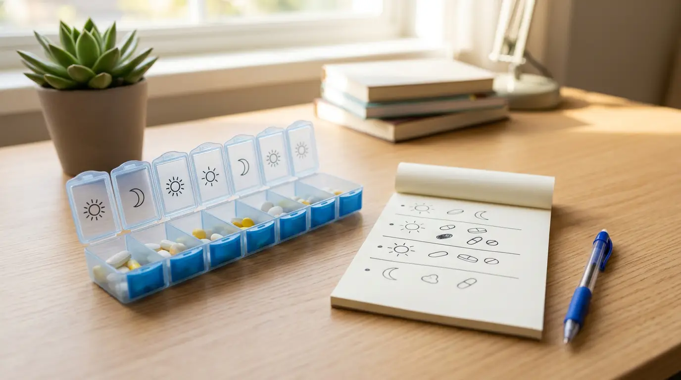 약통과 복약 메모를 함께 두고 일정 관리하는 모습