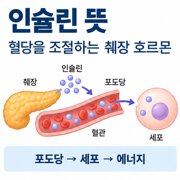 인슐린 뜻이라는 제목과 췌장, 혈액 속 포도당, 세포로 이동하는 포도당을 함께 표현한 대표 이미지