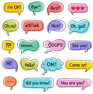 짧은 영어 문구가 적힌 다양한 형태의 말풍선