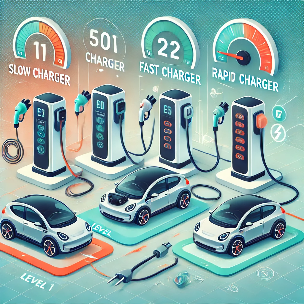 서로 다른 충전 속도를 제공하는 세 개의 충전소에 전기차들이 연결되어 있으며, 충전 속도를 나타내는 게이지들이 표시된 인포그래픽 스타일의 이미지.