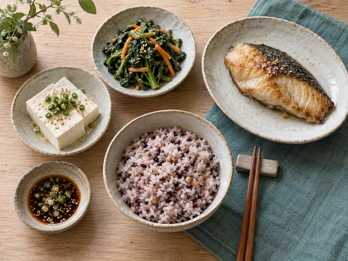 잡곡밥과 익힌 채소, 두부와 생선 반찬을 함께 놓은 식탁