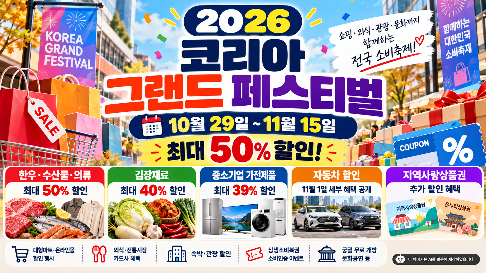 2026 코리아 그랜드 페스티벌 10월 29일부터 11월 15일까지 한우&middot;수산물&middot;의류 최대 50% 할인, 김장재료 40%, 중소기업 가전제품 39% 할인 및 지역사랑상품권 추가 혜택 안내