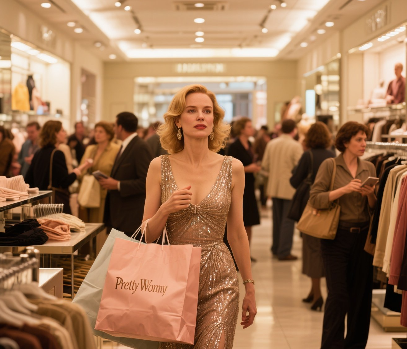 해외쇼핑 영어회화 예시, 프리티 우먼 영화 스타일로 쇼핑백을 들고 있는 장면