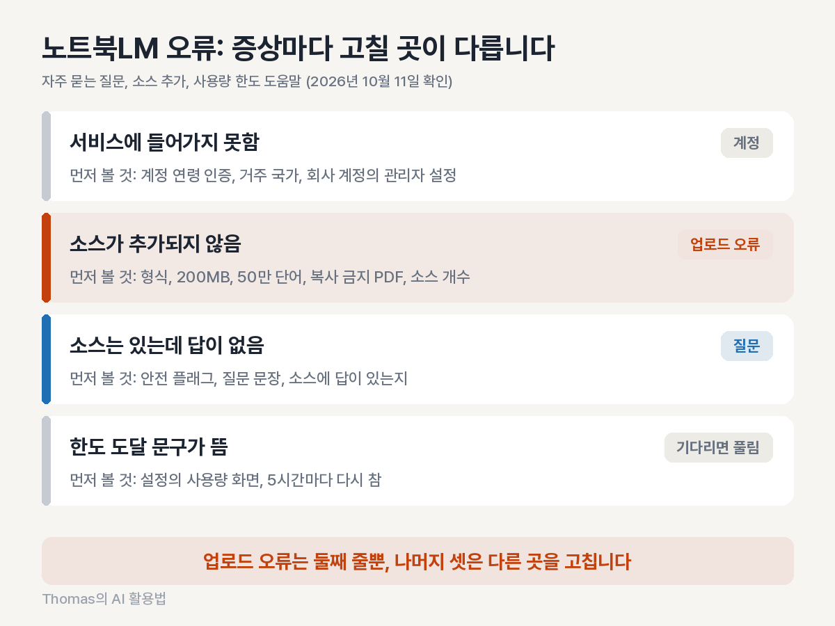 접속 안 됨, 소스 안 들어감, 답을 안 함, 한도 도달 네 가지 증상과 먼저 볼 곳을 나눈 표 도식