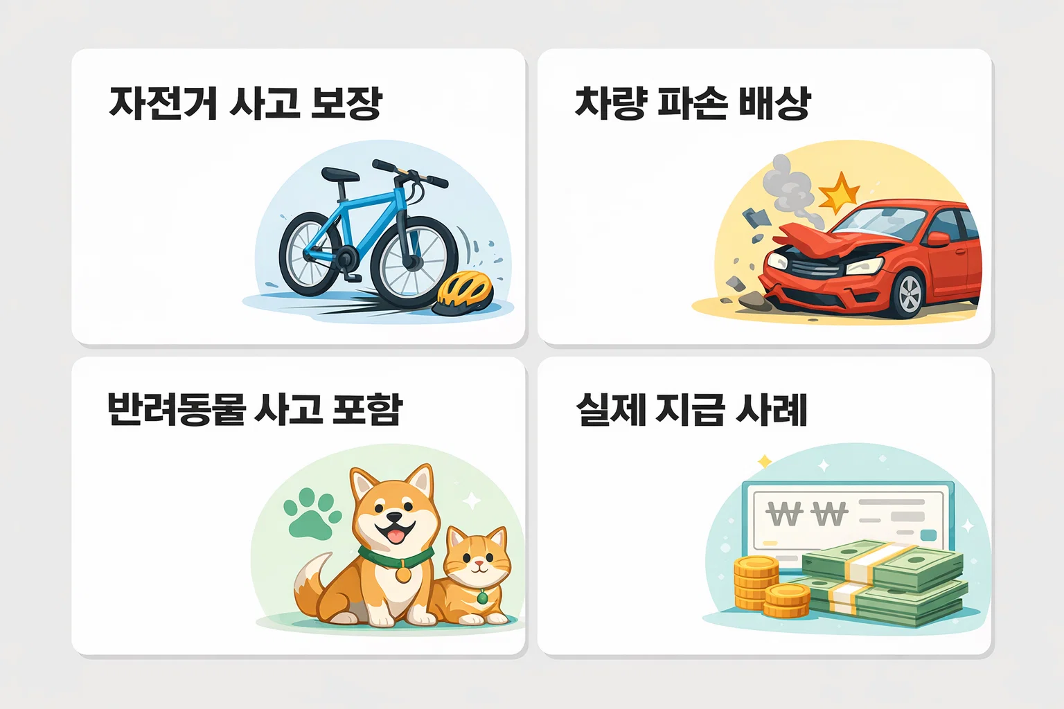 자전거 사고, 반려동물 사고, 차량 파손 등 운전자보험 일상생활배상 실제 지급 사례와 배상 금액 범위를 보여주는 이미지