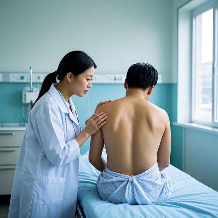 의료진이 환자의 등 부위 띠 모양 발진을 진찰하는 모습, 깔끔한 병원 배경, 전문적이고 신뢰감 있는 분위기, 자연광이 들어오는 밝은 진료실