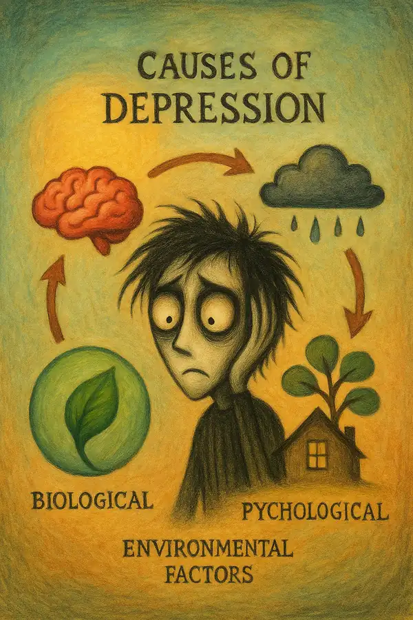 생물학적, 심리적, 환경적 요인으로 구성된 우울증 원인 인포그래픽을 팀 버튼풍 감성으로 표현한 일러스트