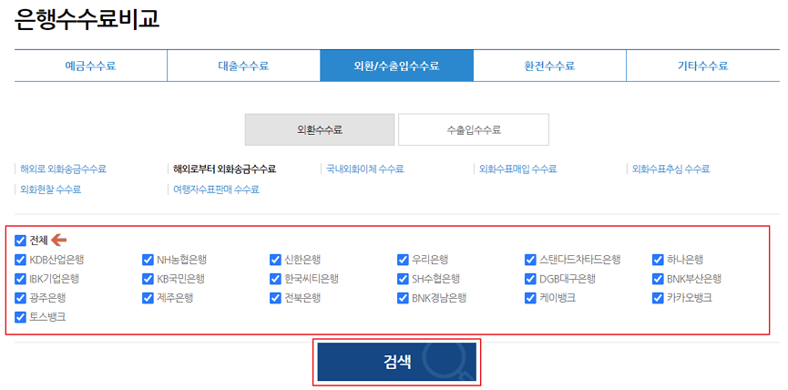 은행연합회 소비자포털 은행 외환 수수료 비교