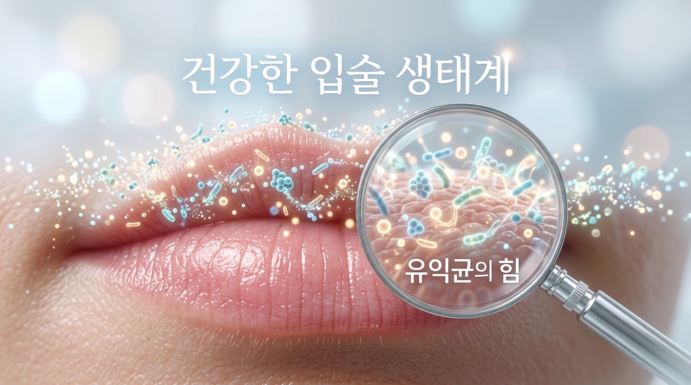 입술 표면의 미세한 생태계를 보여주는 3D 일러스트레이션. 유익균이 작은 빛의 입자로 표현되어 입술 피부 장벽을 건강하게 지키고 있는 모습을 시각화함. '건강한 입술 생태계'와 '유익균의 힘'이라는 한글 문구가 적혀 있으며, 미생물학적 균형을 통한 입술 피부 관리를 강조함.