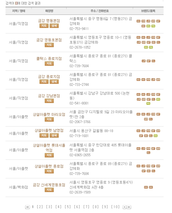 전국 금강제화 아울렛 및 백화점 매장 목록