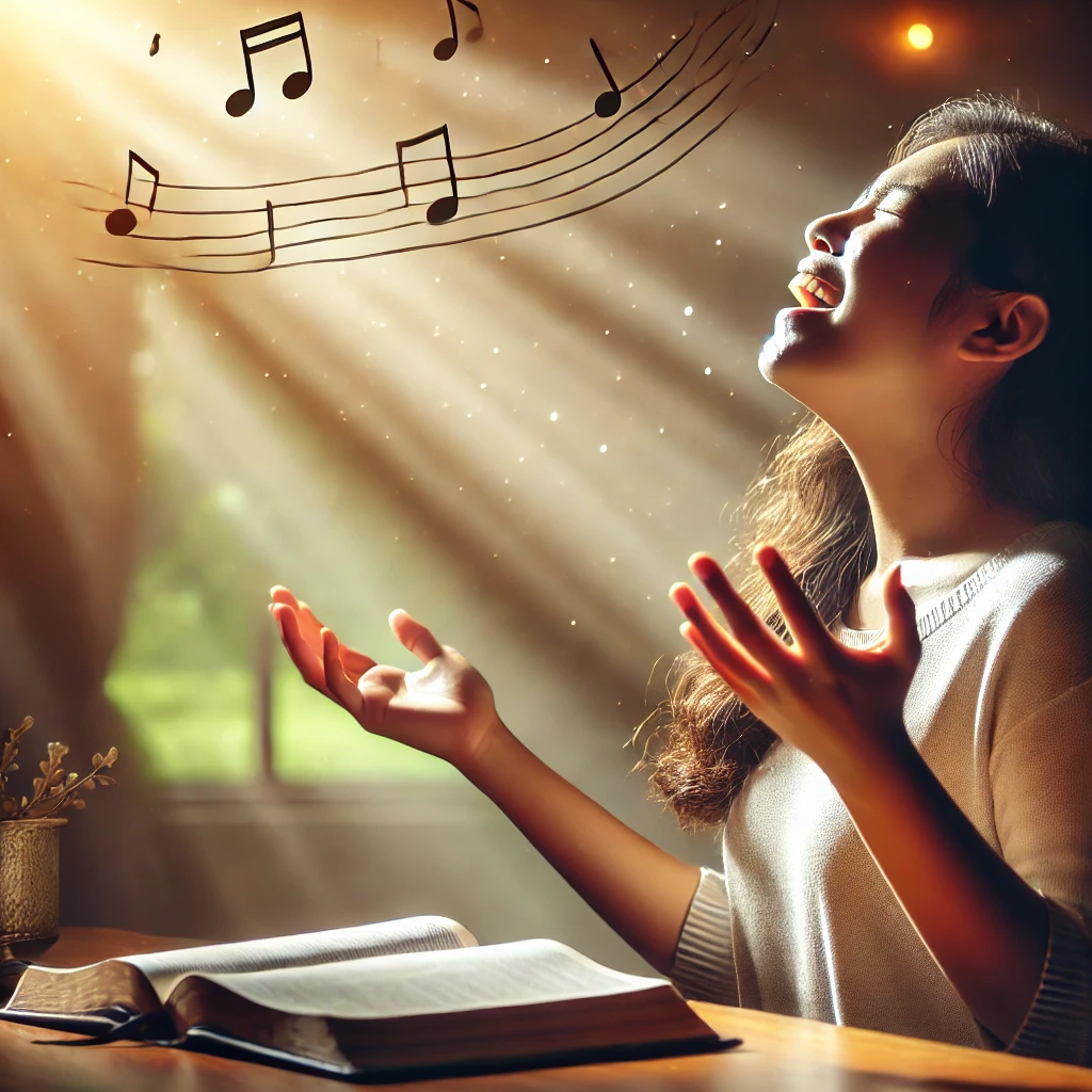 여기에 찬양을 듣고 흥얼거리며 하나님을 찬양하는 모습을 담은 이미지입니다. 찬양의 기쁨과 하나님과의 깊은 교제를 표현하였습니다. 오늘도 하나님 안에서 새 노래로 찬양하는 하루가 되시길 기도합니다. 🙌🎶