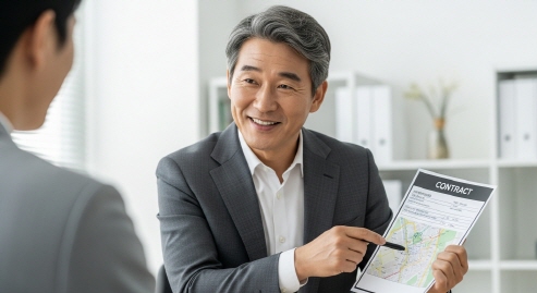 중년 부동산 중개인이 설명하는 모습, 종이 지도와 계약서