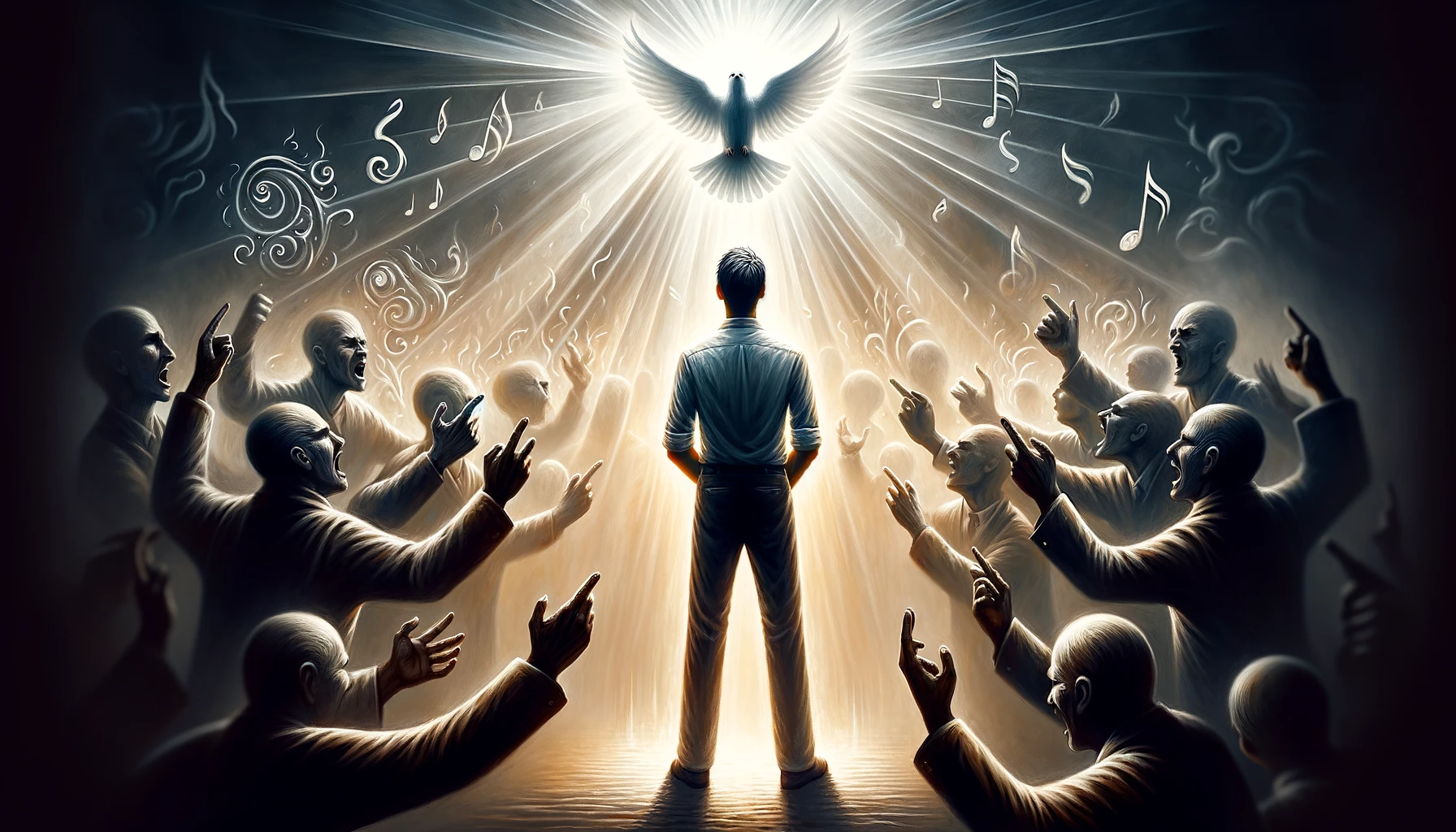 대적이 나를 모욕할 때 주님께 소망을 두며 주님을 찬양하는 삶 - DALL E - Here is the image portraying the theme of maintaining hope in the Lord and living a life of praise, even when facing insult and opposition. It captures the resilience and inner peace of the individual amidst adversity.