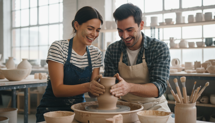 커플이 도예 공방에서 흙을 만지며 도자기를 만드는 모습. 둘 다 웃으며 작업에 집중하고 있으며, 창의적이고 즐거운 분위기가 느껴진다.
