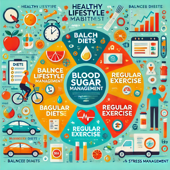 혈당 관리를 위한 건강한 생활습관을 균형 잡힌 식단, 규칙적인 운동, 스트레스 관리로 설명하는 인포그래픽.