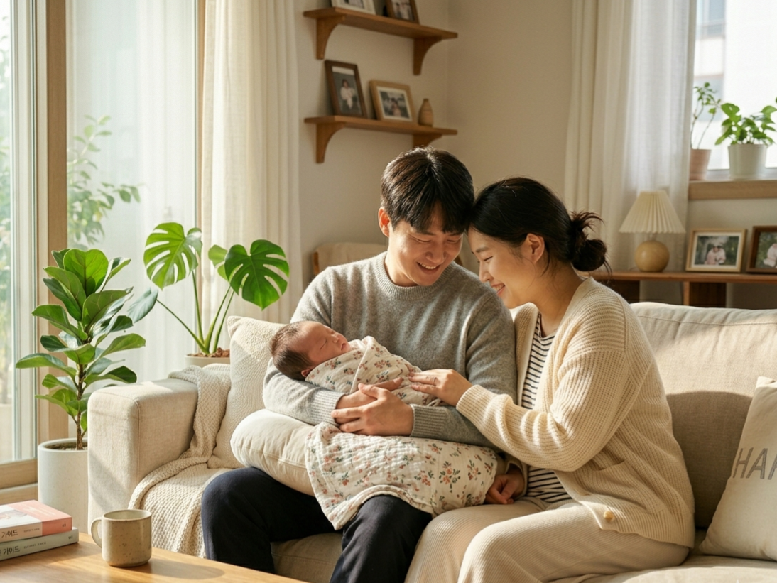 따뜻한 햇살이 비치는 거실에서 젊은 한국인 부부가 신생아를 사랑스럽게 바라보고 있는 모습