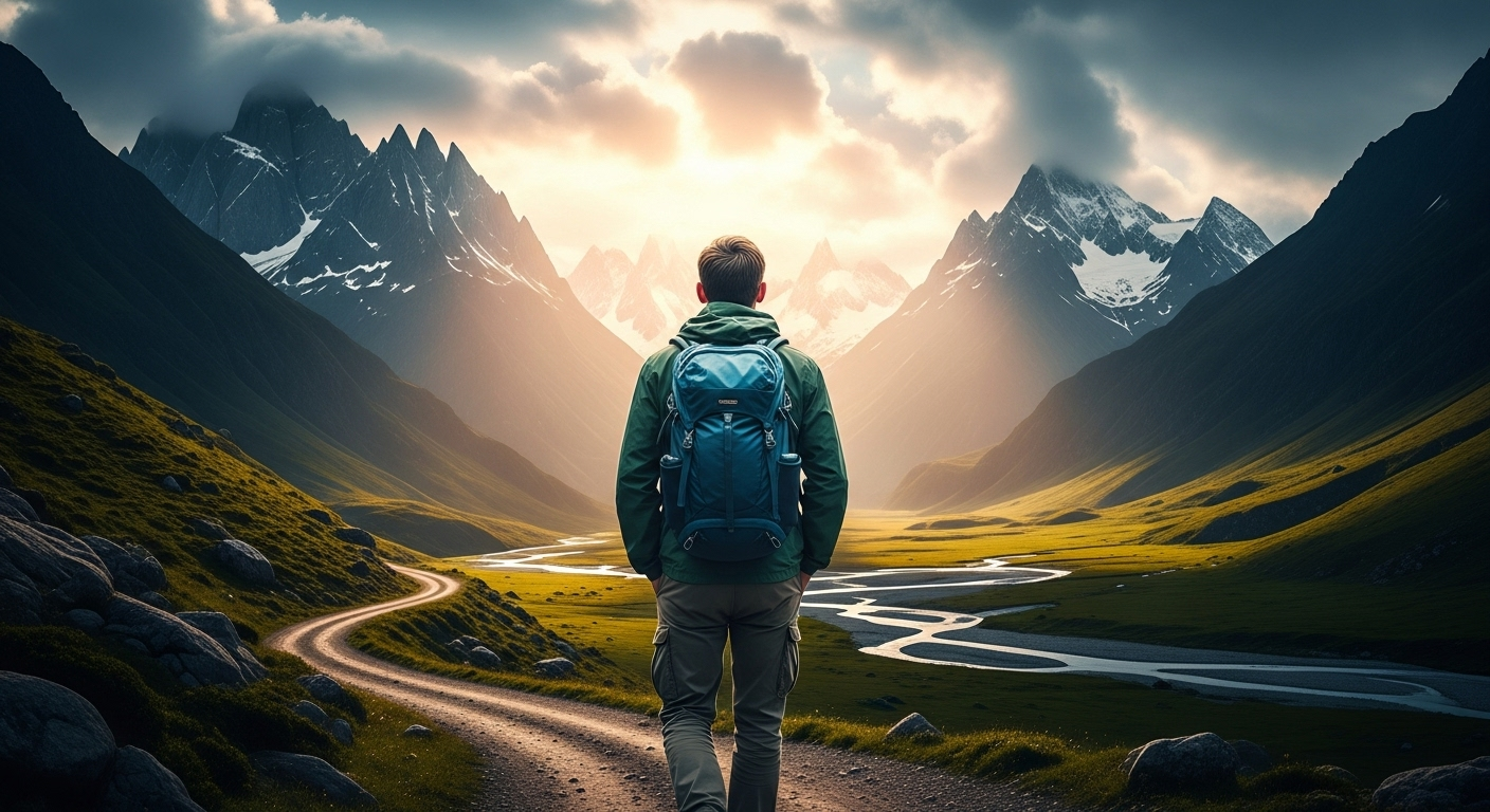 영화 속 한 장면을 연상시키는 풍경 속으로 걸어 들어가는 여행자의 뒷모습 사진 이미지