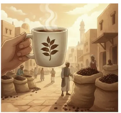 A steaming cup of coffee with a coffee leaf pattern on the mug, set against a warm, historic Middle Eastern port city background at sunset.