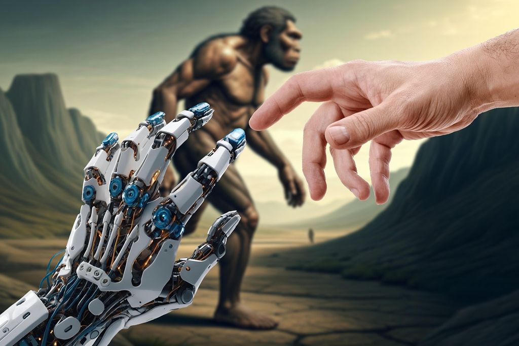 인간의 손과 로봇 손이 서로를 향해 다가가며, 뒤로는 원시 인류가 보이는 AI와 인간 협업의 상징적 장면
